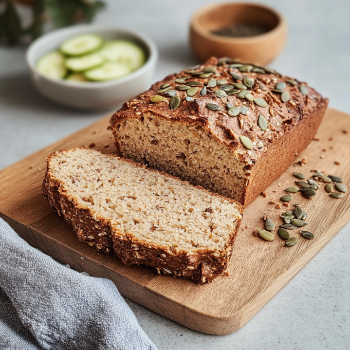 Low Carb Brot mit Kürbiskernen und Leinsamen auf einem Holzbrett, angeschnitten und servierbereit.