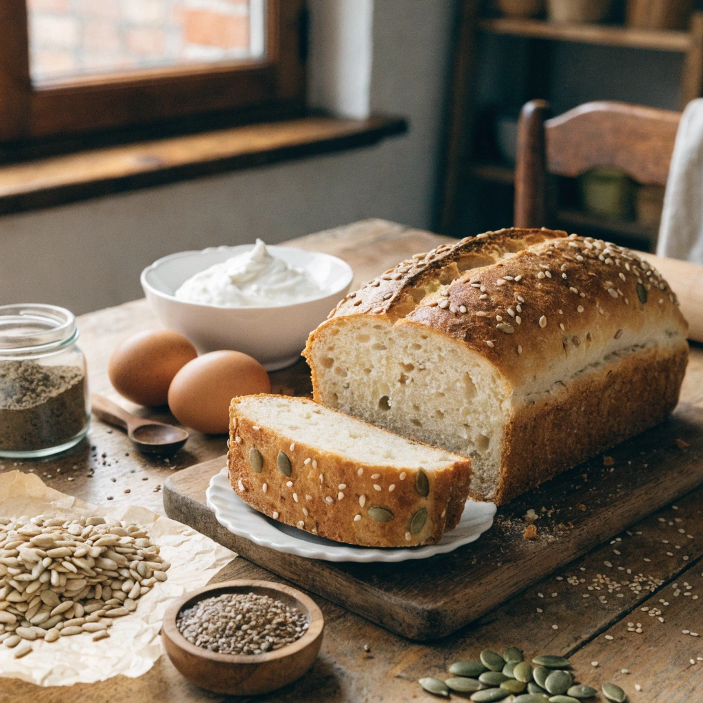 Frisches Low Carb Brot mit Quark, Flohsamenschalen, Leinsamen und Sonnenblumenkernen auf einem Holztisch
