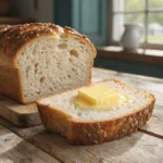 Frisch gebackenes Low Carb Brot mit knuspriger Kruste und Butter auf rustikalem Holztisch.