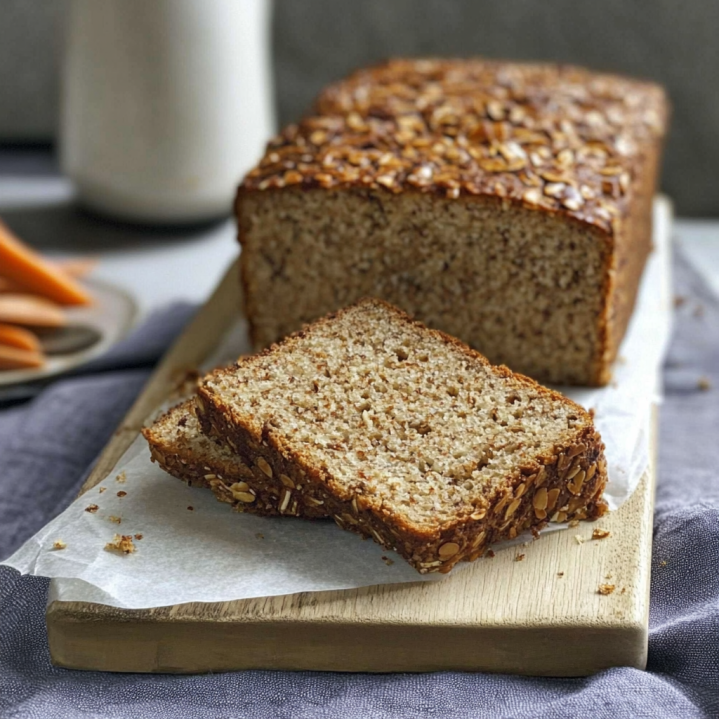 Frisch gebackenes Low Carb Brot mit Quark auf einer dunklen Servierplatte