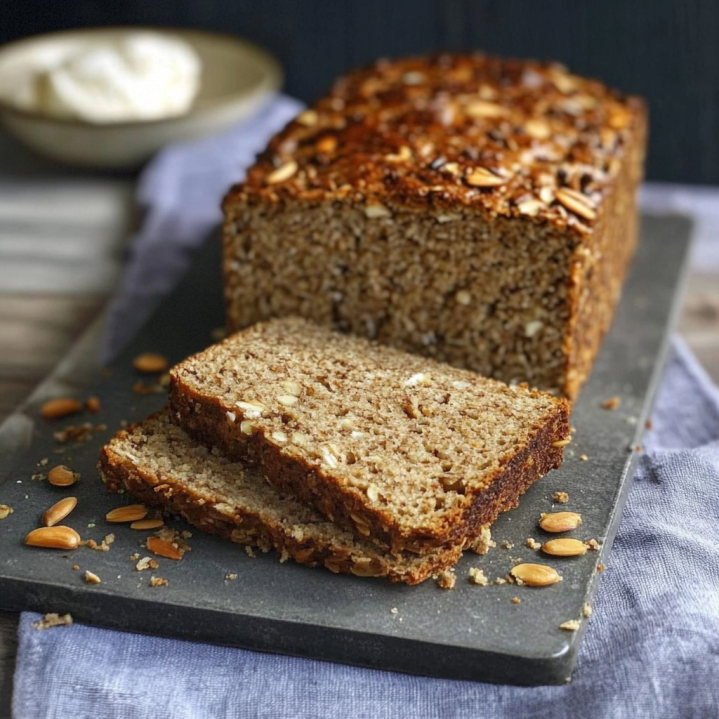 Frisch gebackenes Low Carb Brot mit Quark auf einer dunklen Servierplatte, angeschnittene Scheiben mit Körnerkruste und saftiger Krume.
