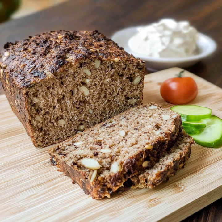 Schnelles Low Carb Brot ohne Mehl mit Nüssen und Saaten auf einem Holzbrett