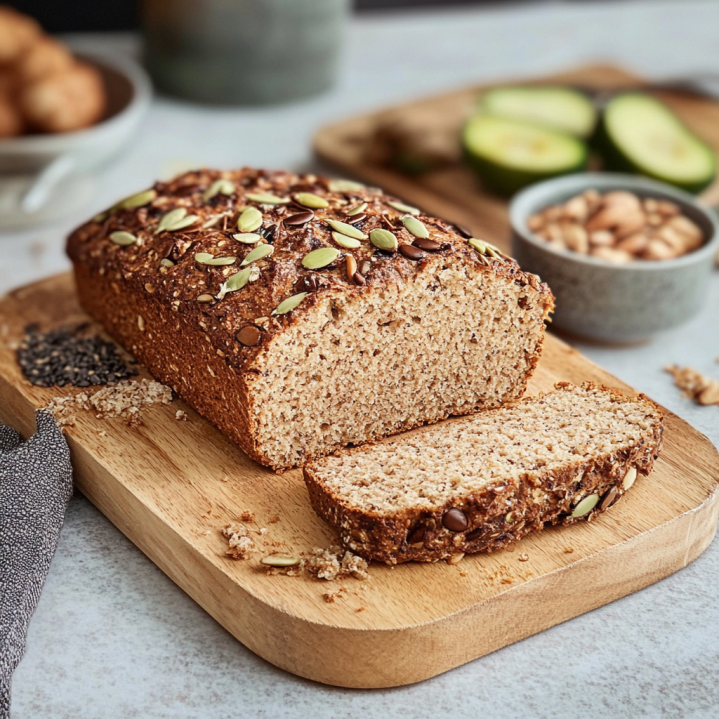 Frisch gebackenes Low Carb Brot Rezepte einfach und Leinsamen auf einem Holzbrett, angeschnitten und servierbereit.