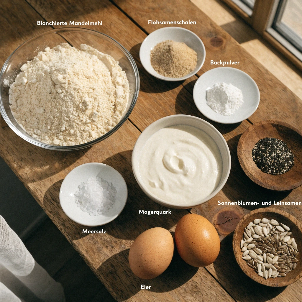 Low Carb Brötchen Zutaten mit Mandelmehl, Quark, Eiern und Flohsamenschalen
