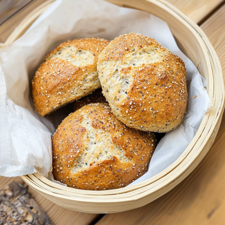 Frisch gebackene Low Carb Brötchen zum Frühstück im Brotkorb