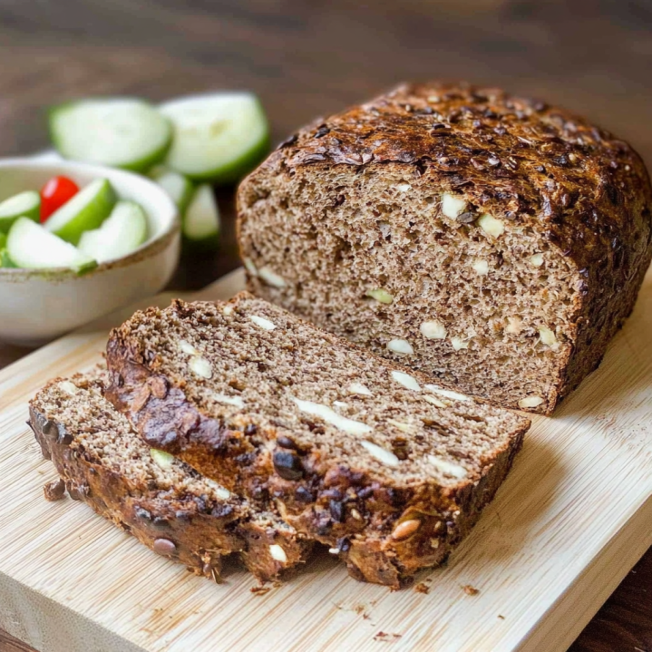 Low Carb Brot Rezepte schnell Nüssen und Saaten auf einem Holzbrett geschnitten serviert