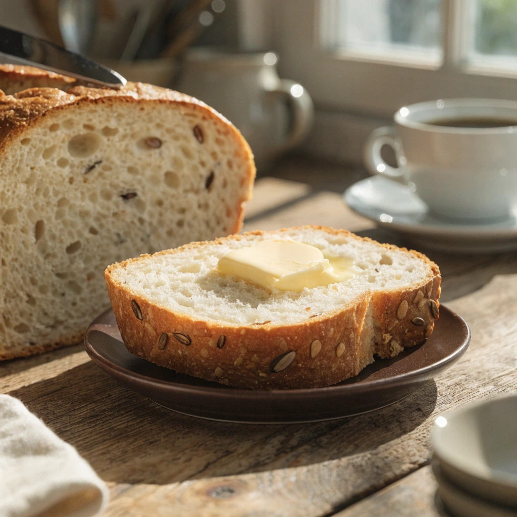 Low Carb Brot Rezepte 112 Frisch gebackenes Low Carb Brot mit knuspriger Kruste und Butter auf rustikalem Holztisch.