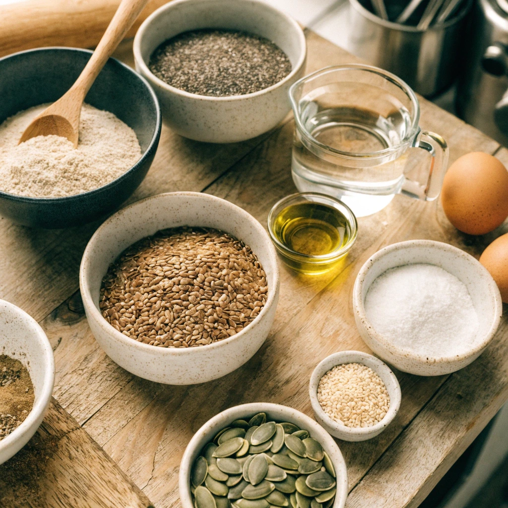 Zutaten für ein einfaches Low Carb Brot ohne Mehl mit Leinsamen, Chiasamen, Kürbiskernen, Sesam, Eiern und Olivenöl auf einem rustikalen Holztisch.
