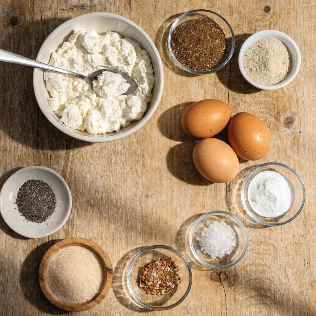Zutaten für ein Low Carb Brot mit Quark auf einem rustikalen Holztisch arrangiert, darunter Quark, Eier, Leinsamen, Flohsamenschalen, Chiasamen und Backpulver.