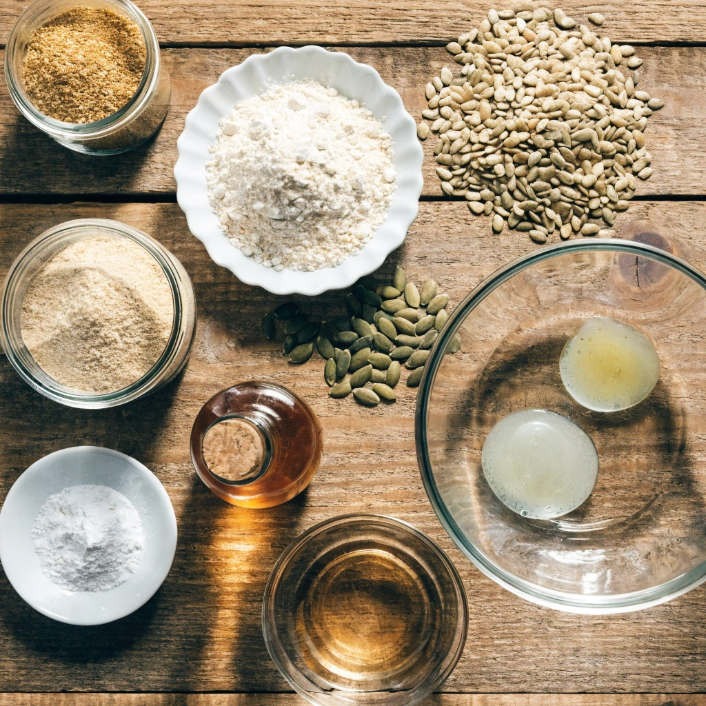 Zutaten für Brot ohne Kohlenhydrate mit Goldleinsamenmehl, Kokosmehl, Flohsamenschalen, Sonnenblumenkernen, Kürbiskernen, Apfelessig und Eiweiß auf einem Holztisch