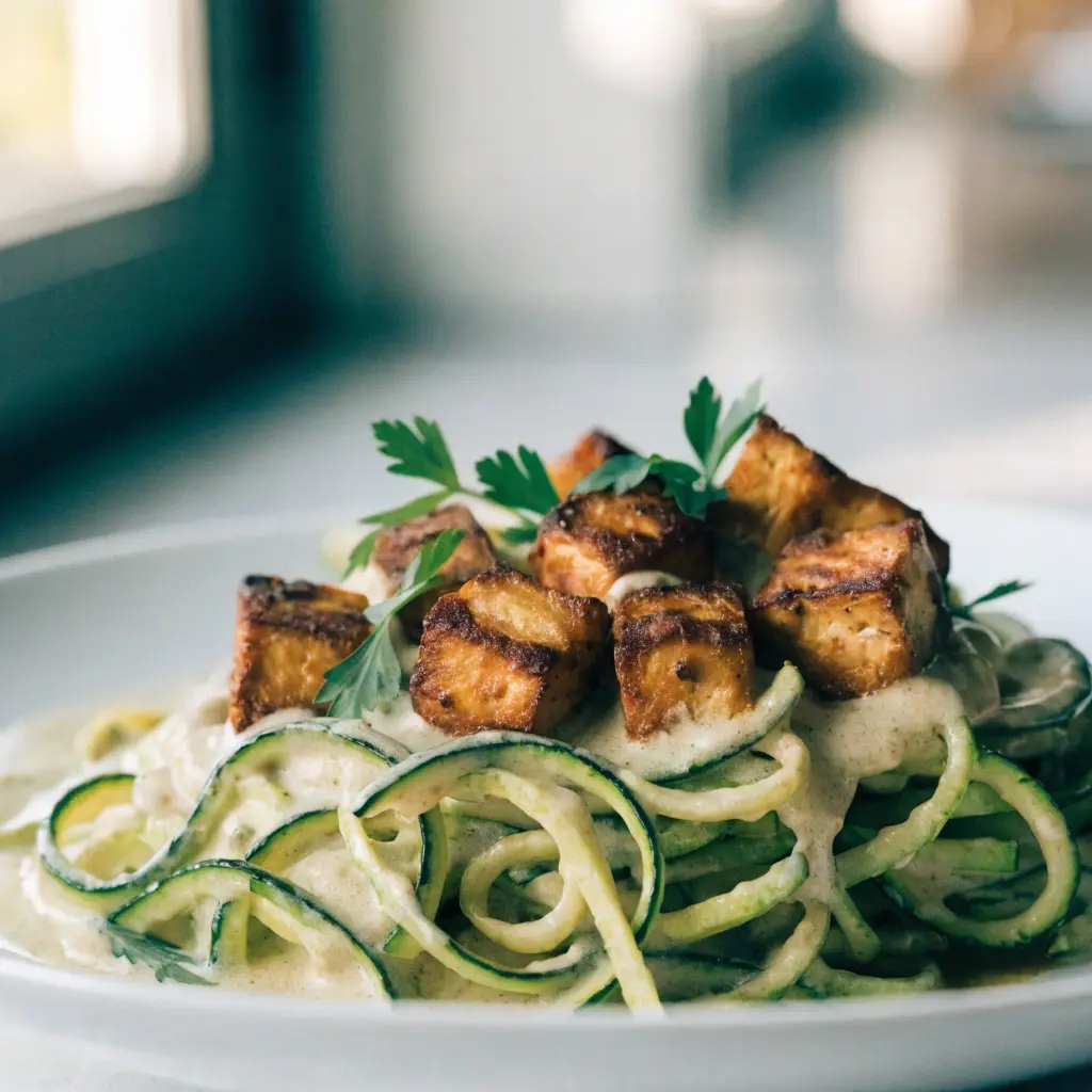 Cremige Zucchini-Spaghetti mit gebratenem Tofu und Kräutern auf einem weißen Teller