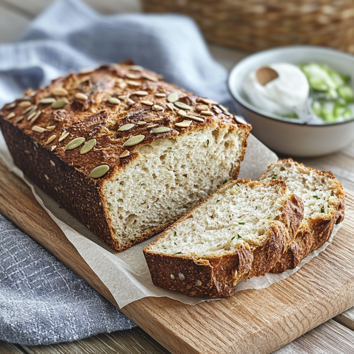 Saftiges Eiweißbrot mit Quark auf Holzbrett serviert