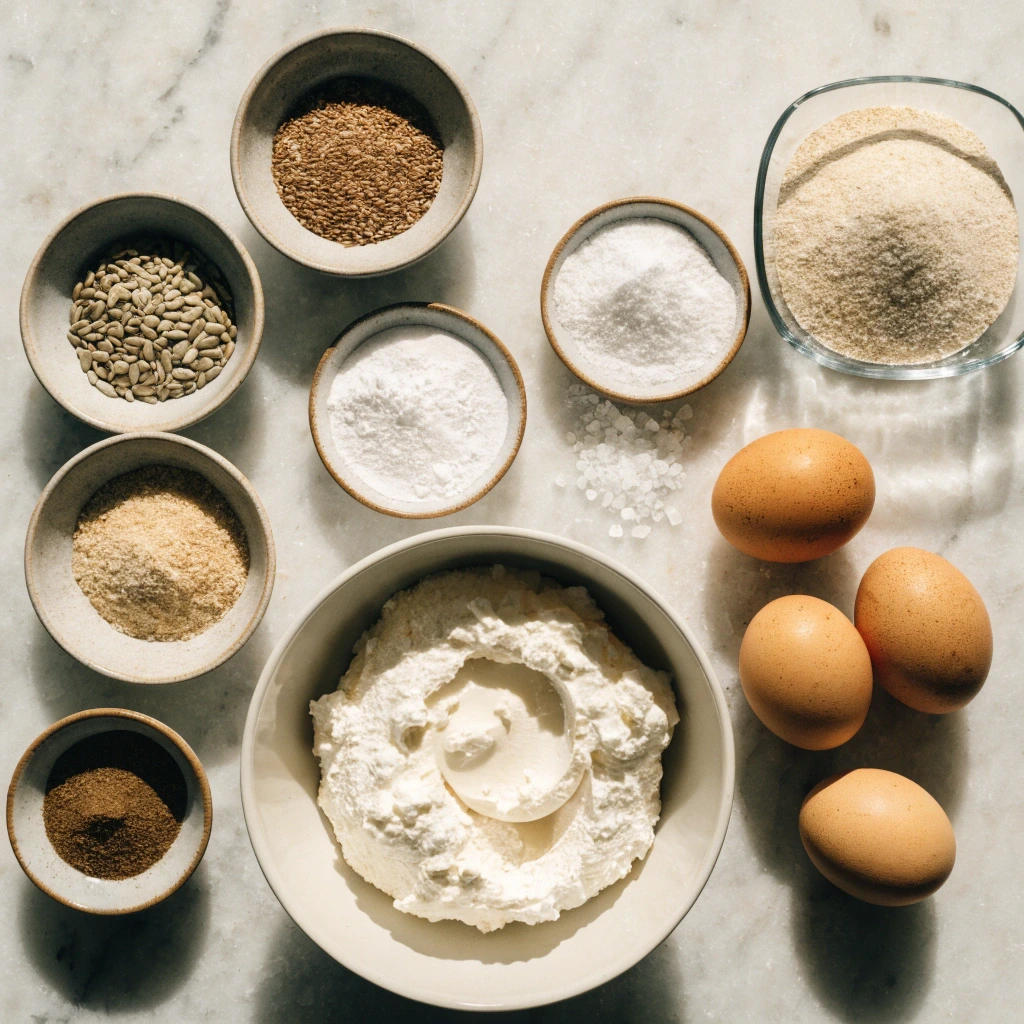 Zutaten für Eiweißbrot mit Quark, Eiern, Leinsamen, Sonnenblumenkernen und Flohsamenschalen