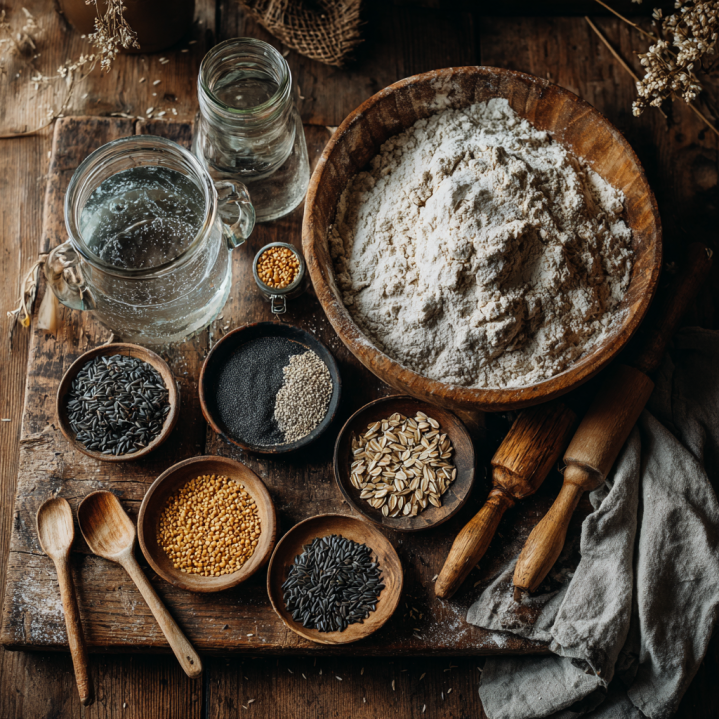 Zutaten für Sauerteigbrötchen mit Weizenmehl, Sauerteigstarter, Wasser, Salz sowie Mohn, Sesam und Sonnenblumenkernen auf einem rustikalen Holztisch.