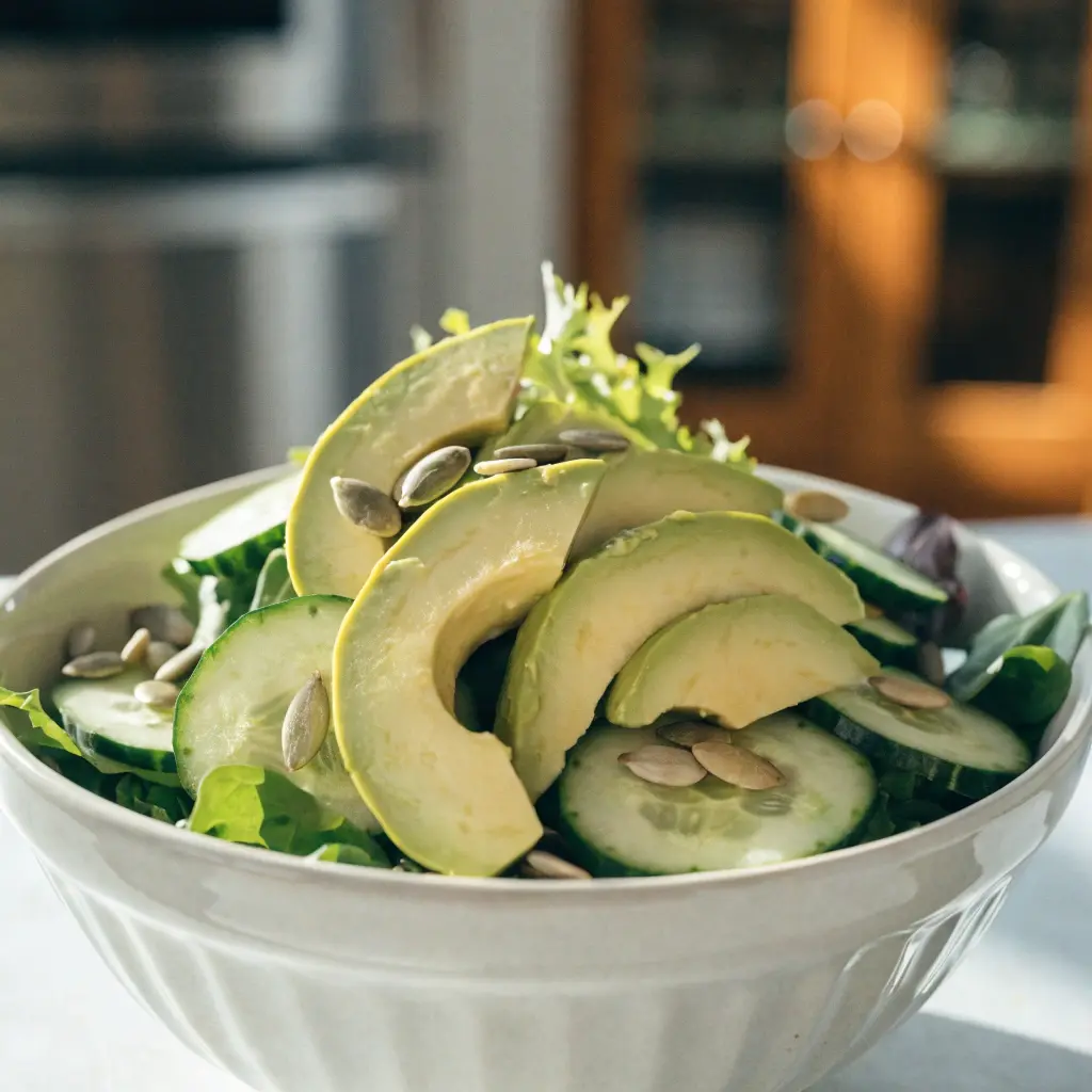 Knackiger Avocado-Superfood-Salat mit Avocado, Gurke und Kürbiskernen in einer weißen Schüssel