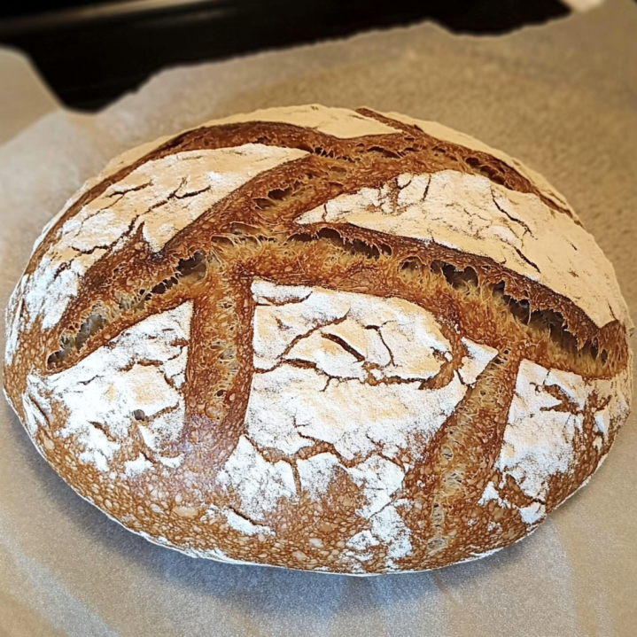gebackenes Roggenbrot mit rustikaler Kruste und charakteristischen Ausbundrissen auf Backpapier nach dem Backen.