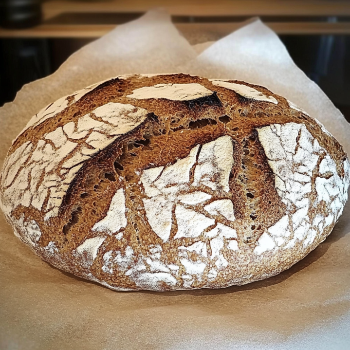 Frisch gebackenes Roggenbrot mit rustikaler Kruste und charakteristischen Ausbundrissen auf Backpapier nach dem Backen.