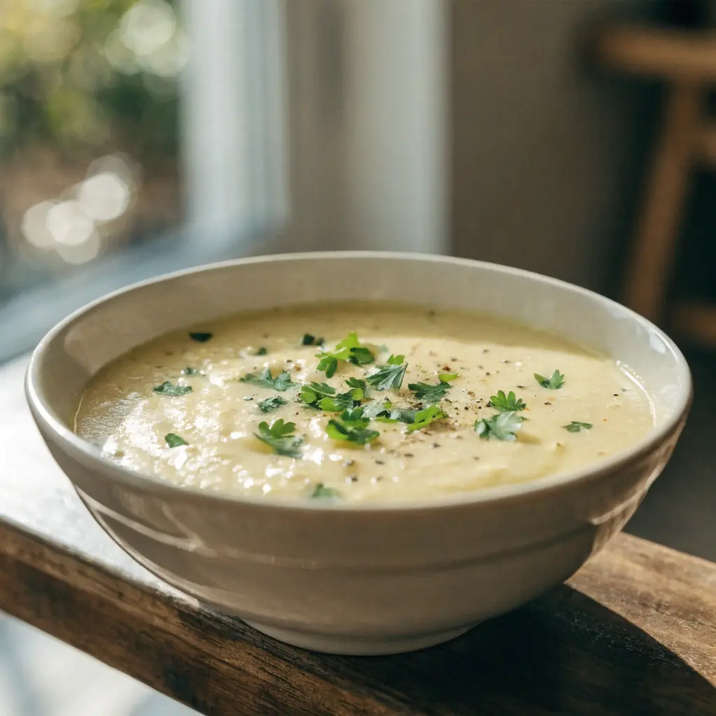 Cremige Low-Carb Blumenkohlsuppe mit Petersilie und schwarzem Pfeffer in einer Schüssel