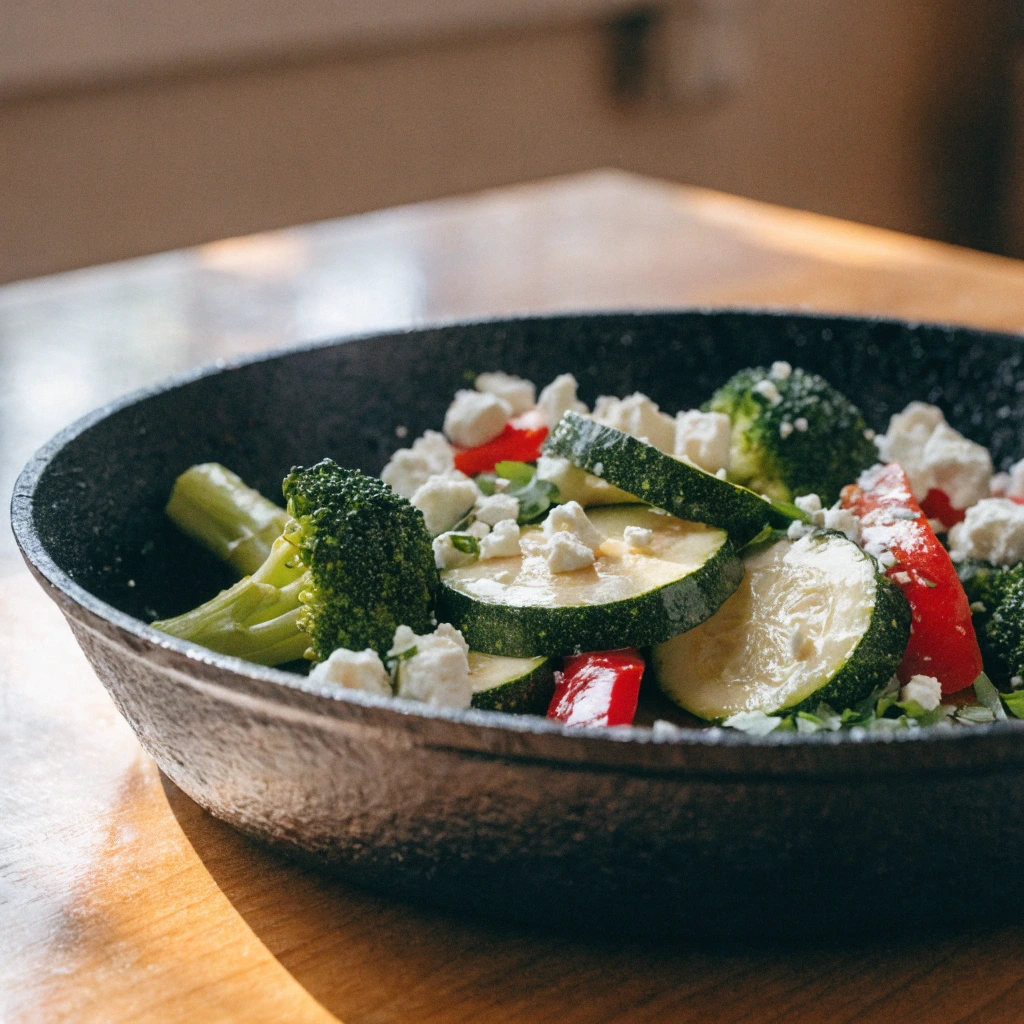 Schnelle Low-Carb Gemüsepfanne mit Feta, Brokkoli, Zucchini und Paprika in einer Pfanne