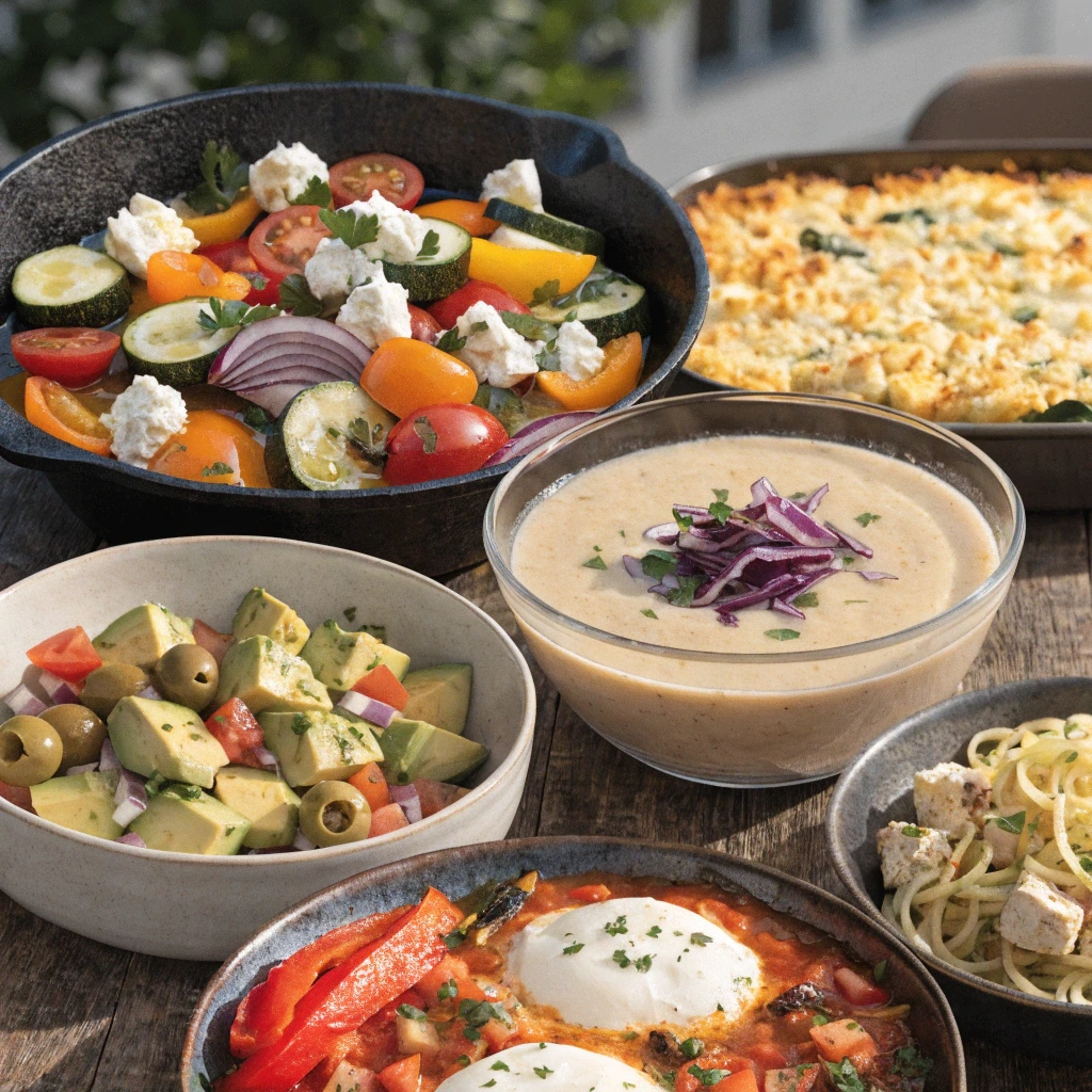 Schnelle Low Carb Rezepte vegetarisch mit Gemüsepfanne, Avocado-Salat, Blumenkohlsuppe, Shakshuka, Zoodles mit Tofu und Blumenkohl-Auflauf