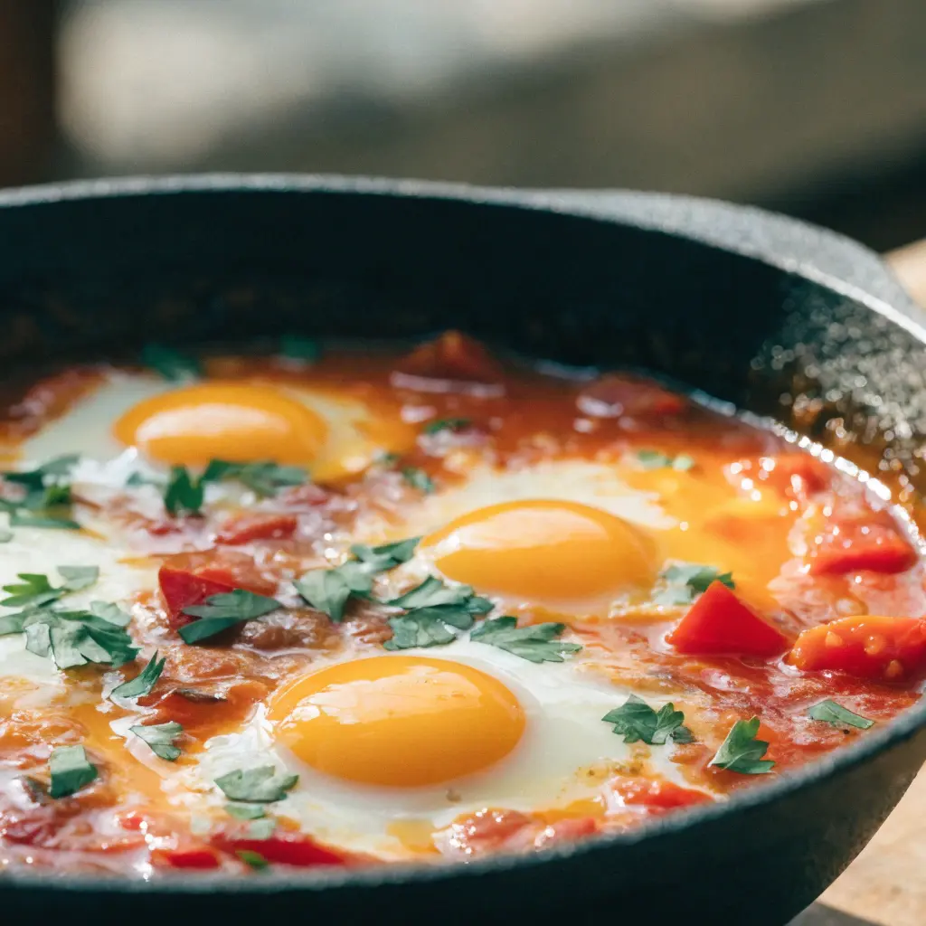 Shakshuka mit Eiern in würziger Tomatensoße und frischer Petersilie in einer Pfanne