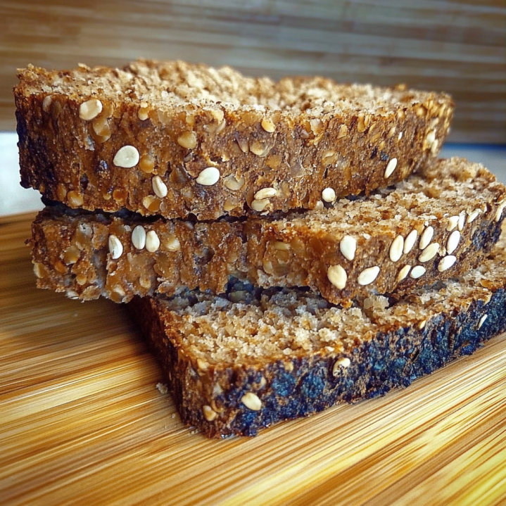 Aufgeschnittenes veganes Low Carb Brot mit knuspriger Kruste und Saaten