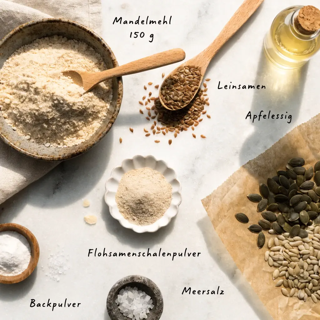 Zutaten für veganes Low Carb Brot mit Mandelmehl, Leinsamen, Flohsamenschalen, Kürbiskernen, Sonnenblumenkernen und Apfelessig.