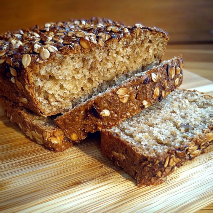 Aufgeschnittenes Low Carb Brot Veganes backen mit knuspriger Kruste und Saaten auf einem Holzbrett.