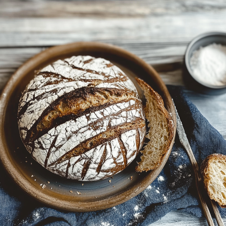 Bauernbrot mit Sauerteig 87 Frisch gebackenes Bauernbrot mit Sauerteig mit knuspriger Kruste,