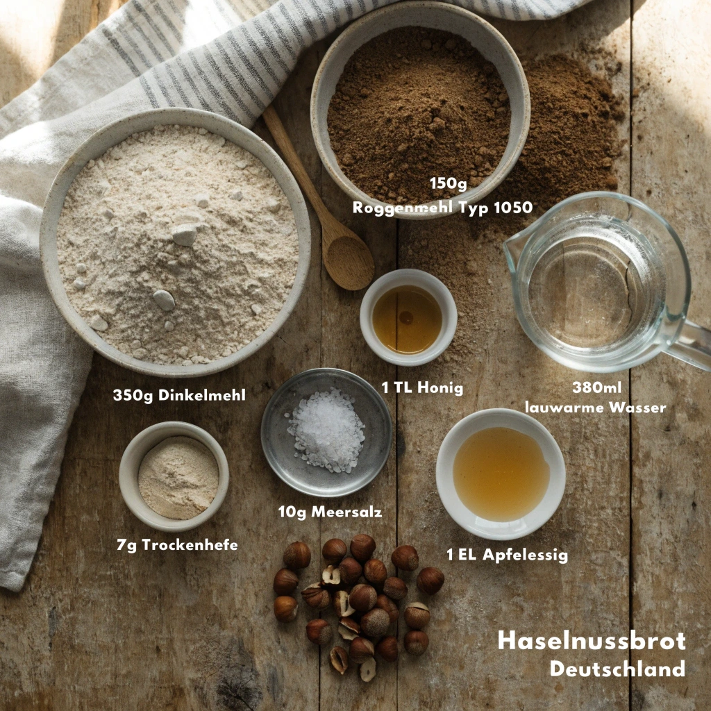 Zutaten für ein Haselnussbrot Rezept mit Dinkelmehl, Roggenmehl, Haselnüssen, Hefe, Honig und Apfelessig auf rustikalem Holztisch.
