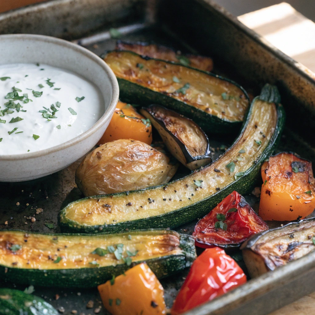 Gebackenes Ofengemüse mit Kräuter-Quark als schnelles Low Carb Abendessen