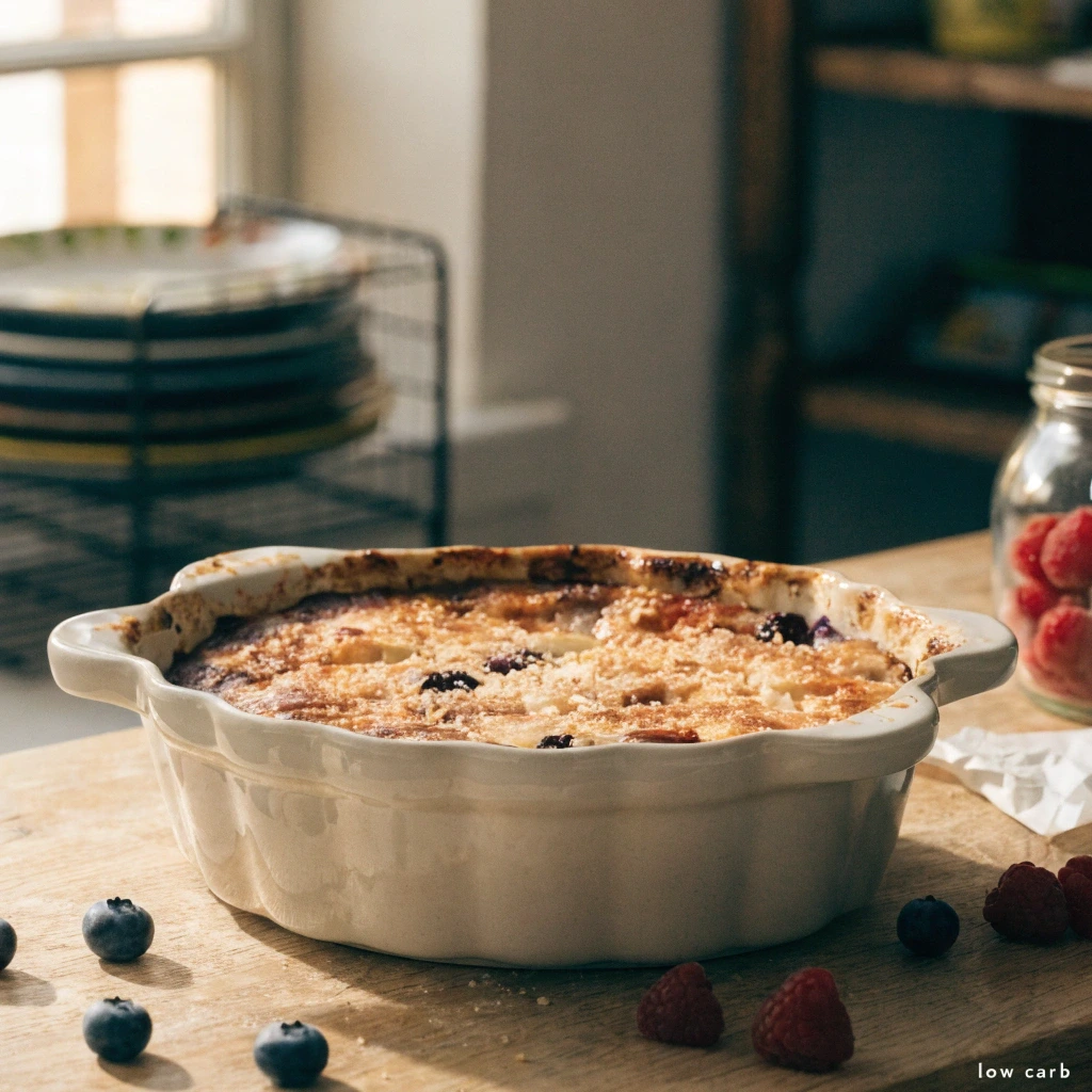 Frisch gebackener Low Carb Quarkauflauf mit Beeren in einer weißen Auflaufform auf einem Holztisch.