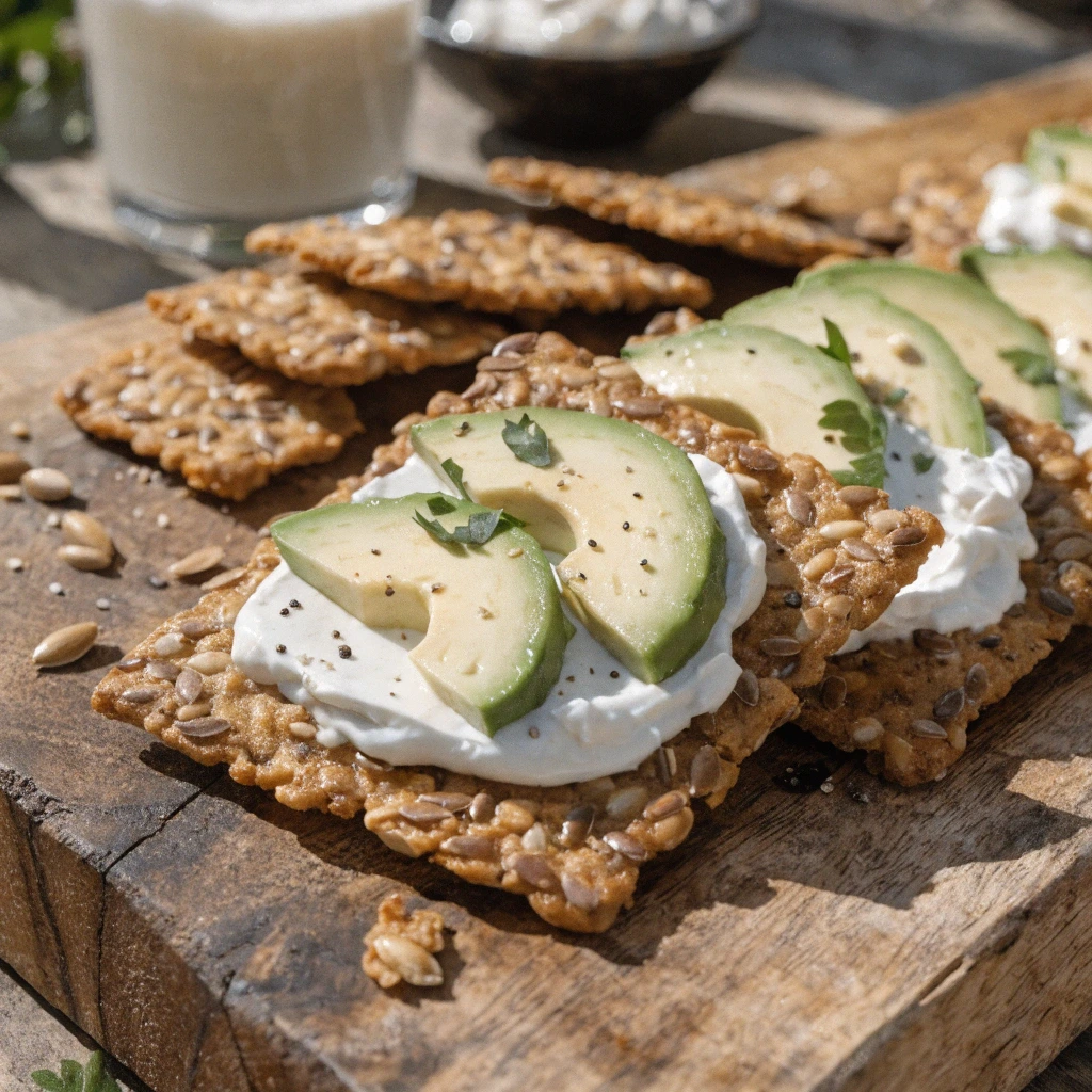 Knuspriges Low Carb Knäckebrot mit Frischkäse und Avocadoscheiben auf einem rustikalen Holzbrett.