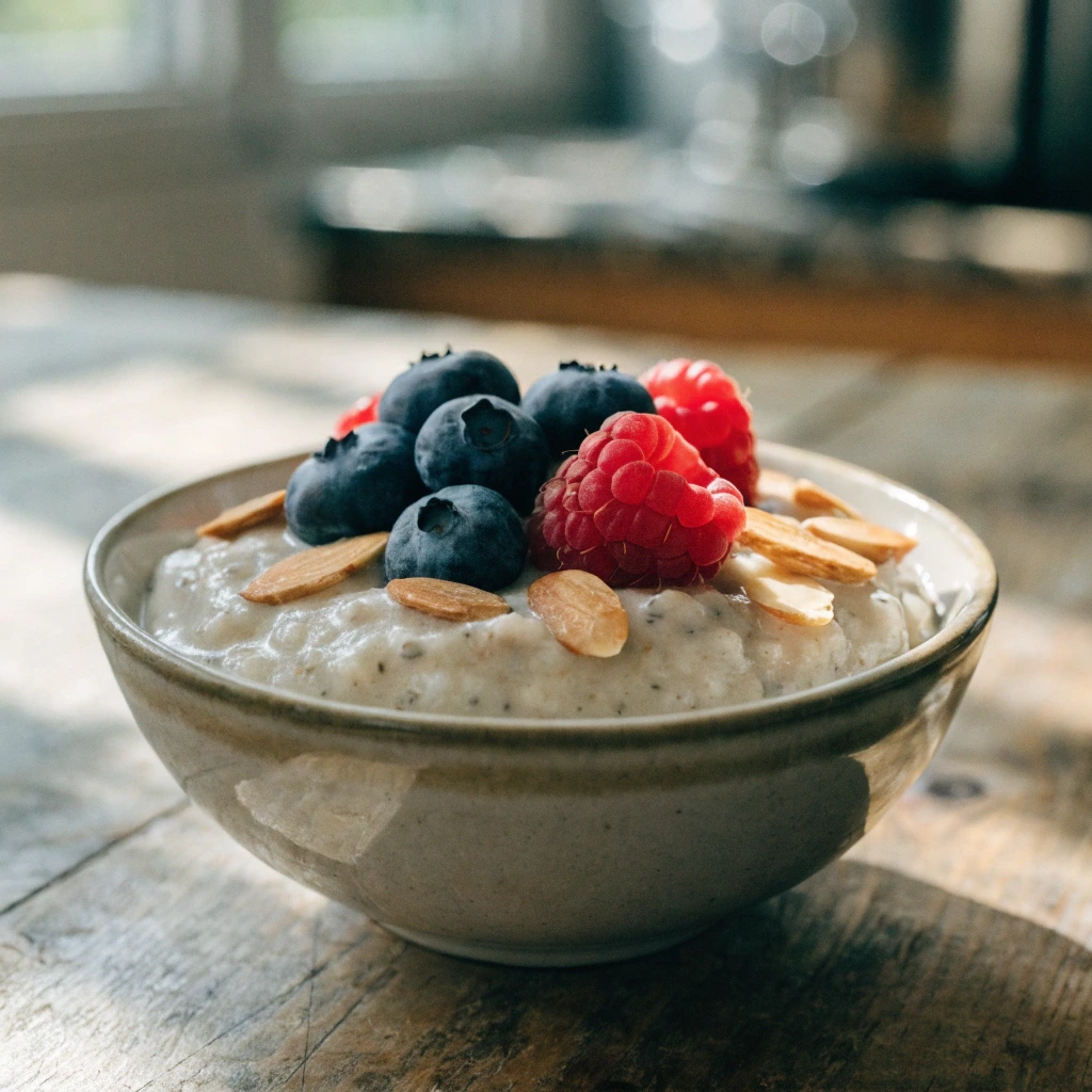 Cremiges Low Carb Porridge mit Mandeln, Blaubeeren und Himbeeren in einer Schüssel auf einem rustikalen Holztisch.