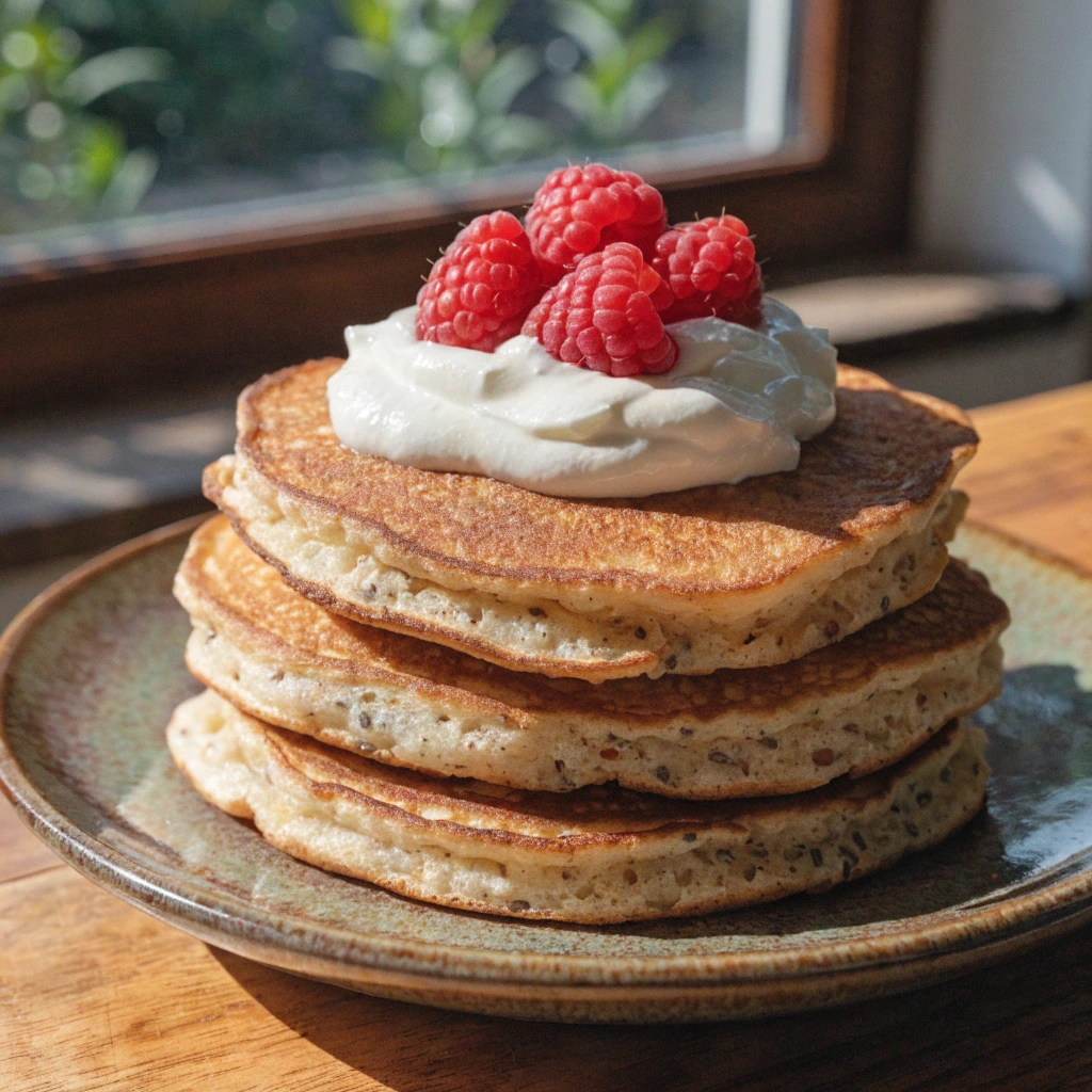 Fluffige Protein-Pfannkuchen mit griechischem Joghurt und frischen Himbeeren auf einem Keramikteller.