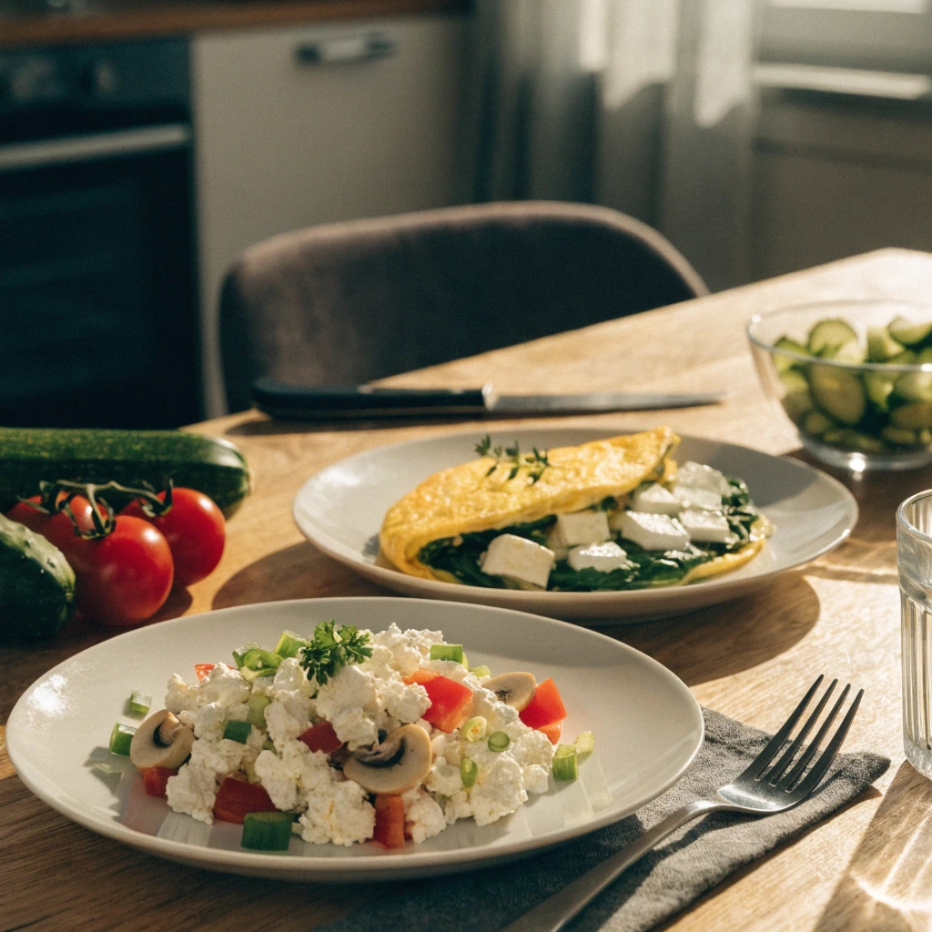 Schnelle Low Carb Rezepte Abendessen mit Omelett und Hüttenkäse-Salat