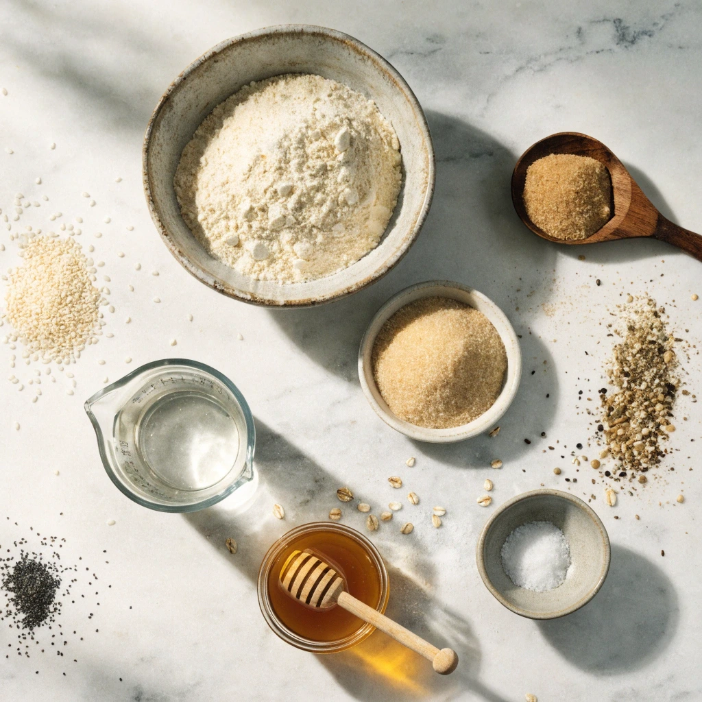Top view of flour, yeast, honey, salt, water, sesame seeds, poppy seeds, and Everything Bagel seasoning arranged on a marble countertop for homemade bagels.