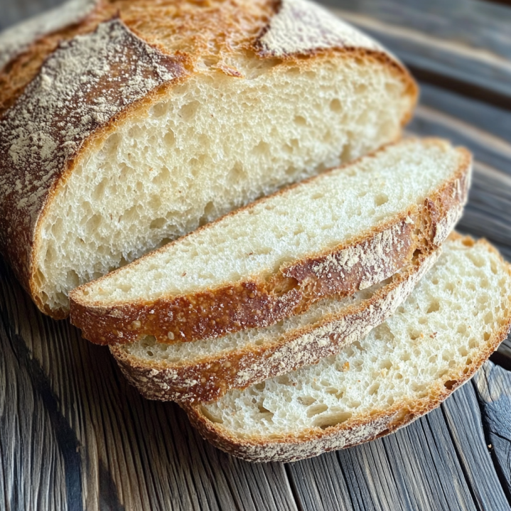 Aufgeschnittenes Weizen-Dinkel-Brot mit luftiger Krume und knuspriger goldbrauner Kruste, gebacken aus einem mit dem Handmixer gekneteten Teig.
