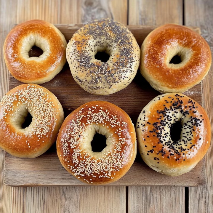 homemade New York style bagels with plain, sesame, poppy seed, black sesame, and everything bagel toppings arranged on a wooden board.