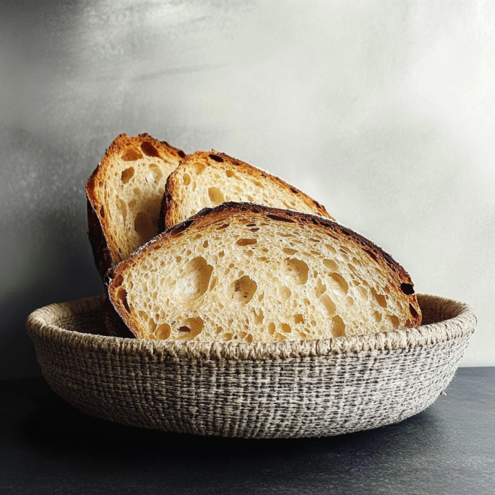 Frisch gebackenes Dinkelbrot mit knuspriger Kruste und luftiger Krume, in Scheiben geschnitten und in einem Brotkorb serviert.