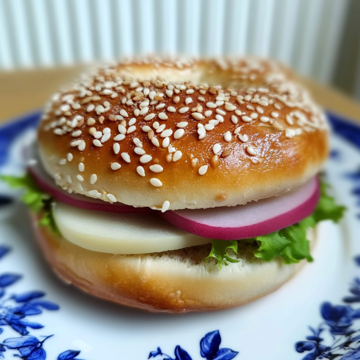 Fresh homemade sesame bagel sandwich filled with sliced hard-boiled egg, radish, and crisp lettuce on a decorative plate.