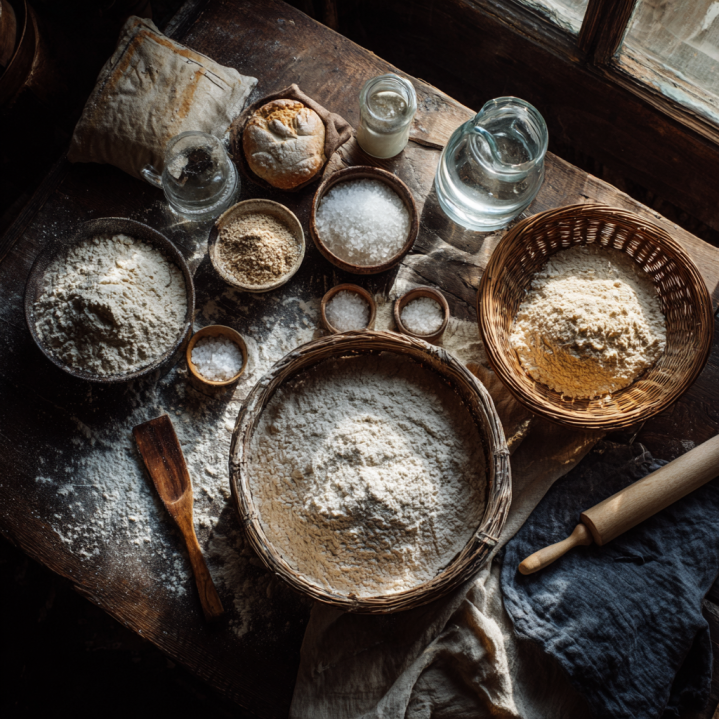 Zutaten für ein Brot Rustikal Rezept mit Roggenmehl, Weizenmehl, Sauerteig, Wasser und Salz auf einem rustikalen Holztisch.