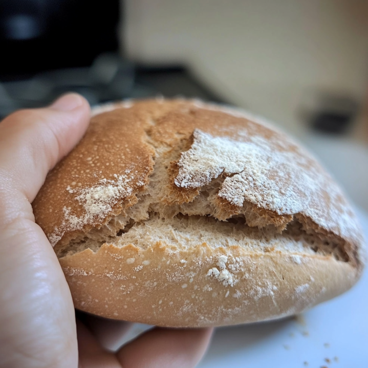 Close-up of a homemade bread loaf baked in a cold oven, showing a split crust and light golden exterior.