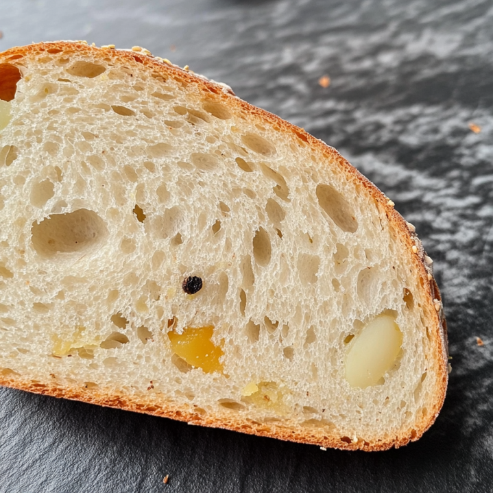 Close-up of a sliced German potato bread showing a soft, airy crumb with tender potato pieces and a thin golden crust.