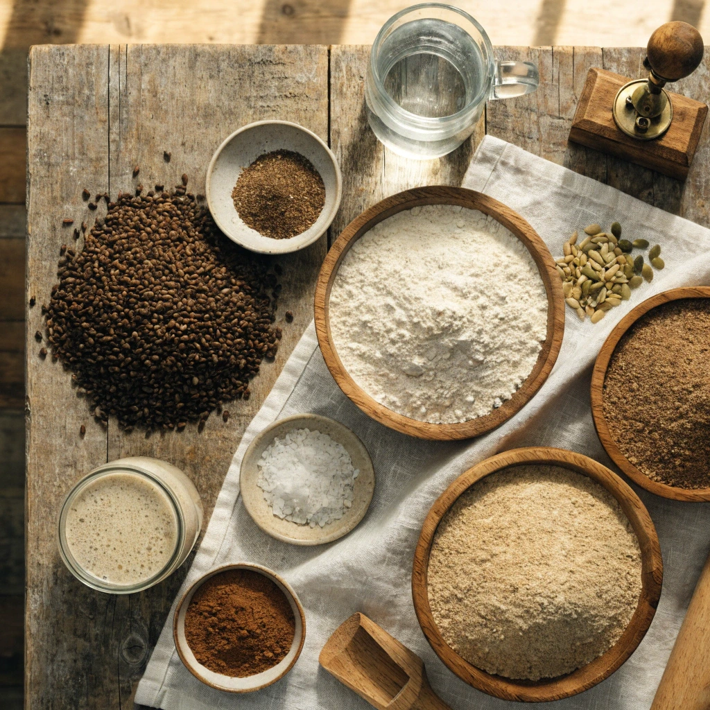 Top-down flat lay of ingredients for German Röstkornbrot including wheat flour, rye flour, whole spelt flour, sourdough starter, roasted grains, sunflower seeds, pumpkin seeds, salt, roasted malt, bread spices, and water.