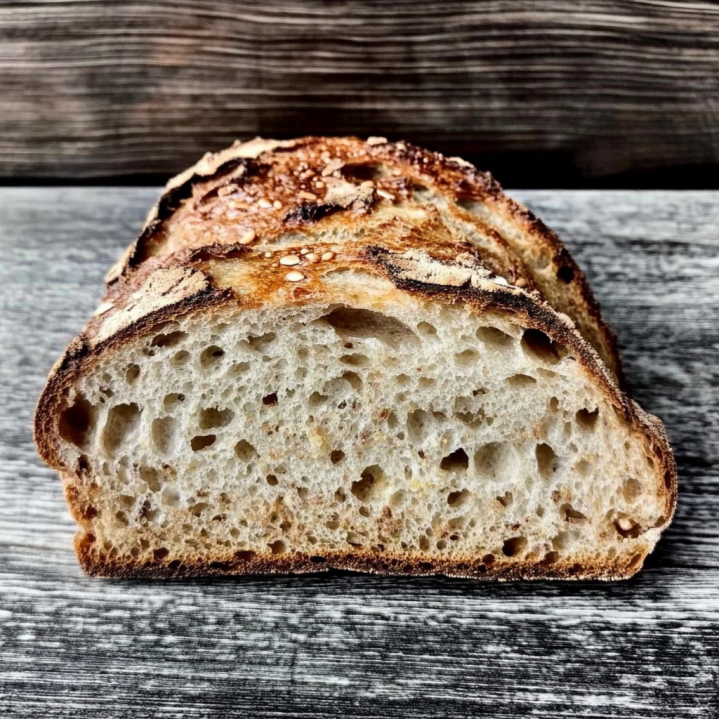 Angeschnittenes Röstkornbrot mit knuspriger Kruste, lockerer Krume und gerösteten Körnern auf einem rustikalen Holztisch.