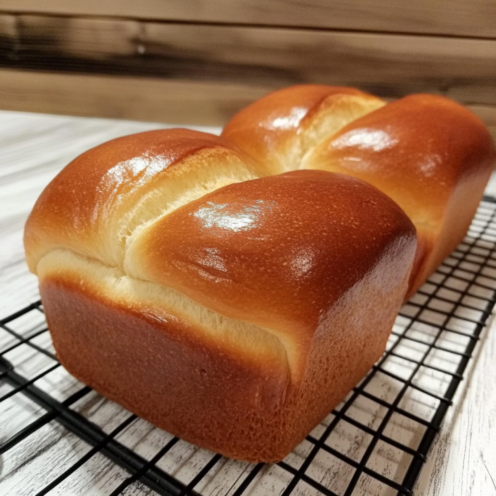 Frisch gebackenes Supersoftes veganes Milchbrot-Brioche mit goldbrauner glänzender Kruste auf einem Kuchengitter.