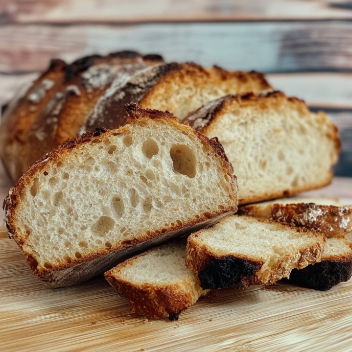 Freshly baked artisan bread with a crispy golden crust and soft open crumb, sliced on a wooden cutting board