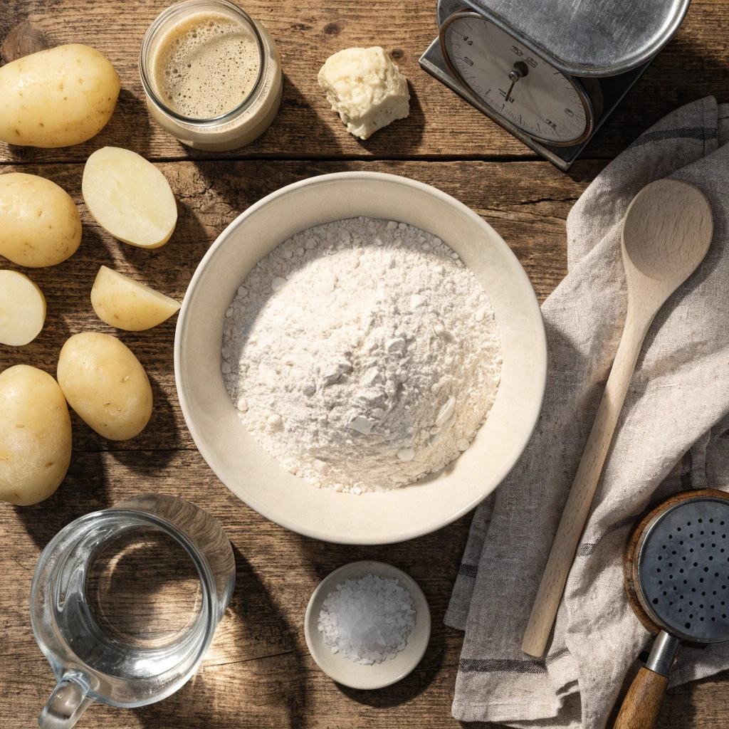 Top-down view of flour, boiled potatoes, fresh yeast, water, and salt arranged on a rustic wooden table for homemade German potato bread.