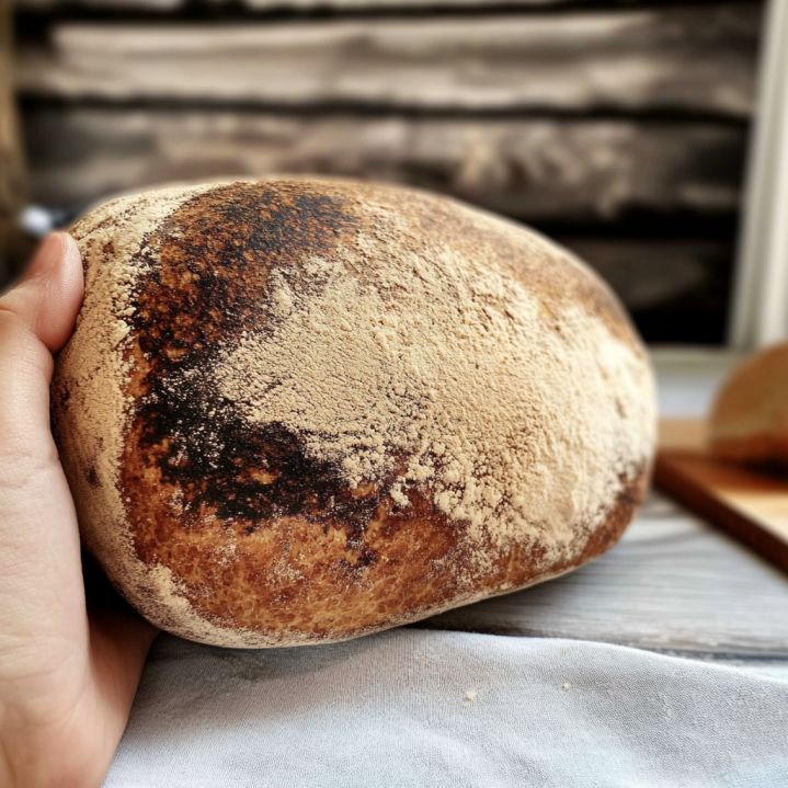 Homemade artisan sourdough loaf showing a burnt bread bottom caused by excessive bottom heat during baking.